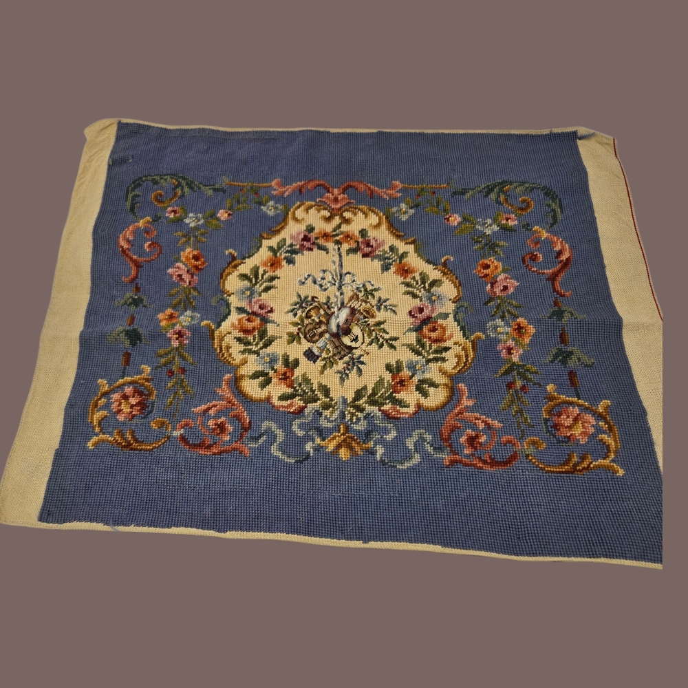 Vintage Artisan Made Floral Music Instruments Needlepoint Blue and Cream